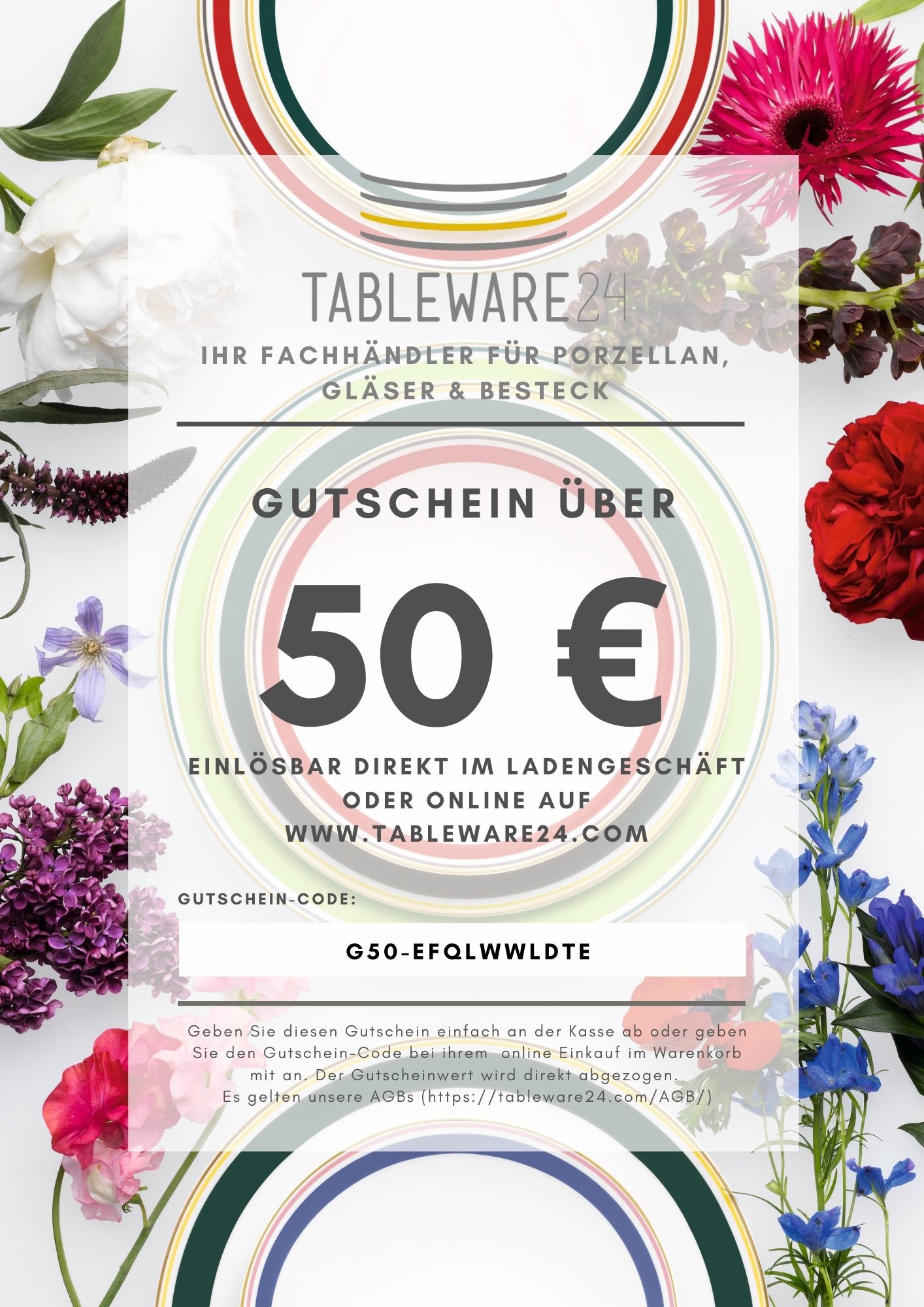 Geschenkgutschein 50,- € von Tableware24 (zum Ausdrucken)