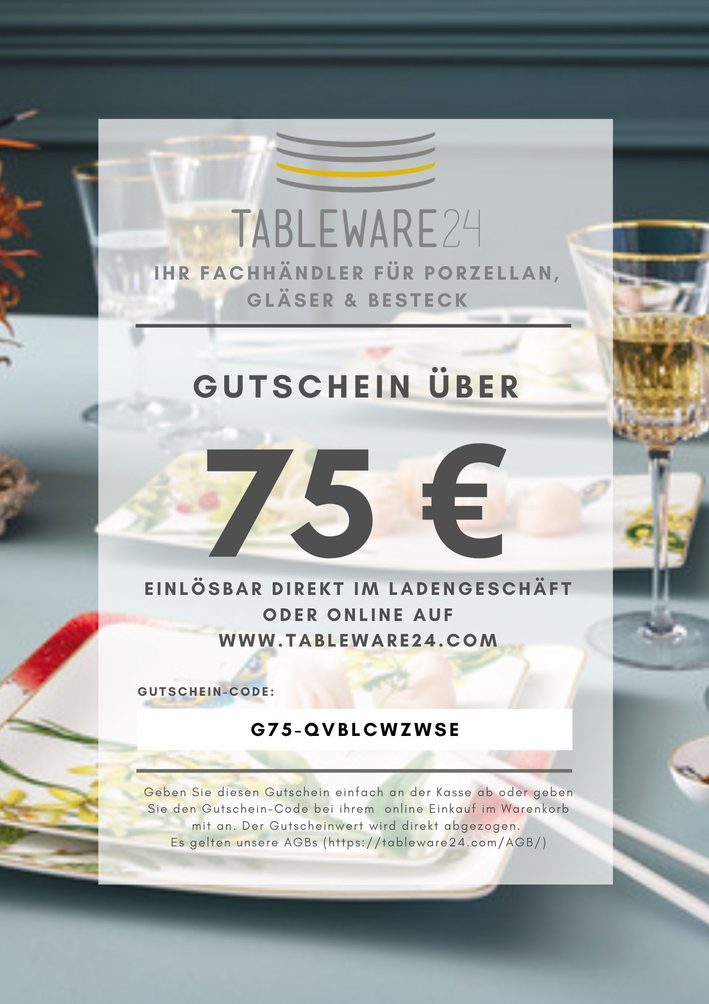 Geschenkgutschein 75,- € von Tableware24 (zum Ausdrucken)